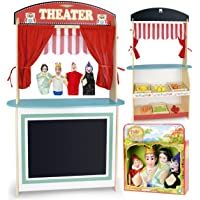 Leomark Juguete de Madera para Niños- Teatro y Mercado- 2 en 1- con Cuatro Marionetas y Gran Conjunto de Productos…